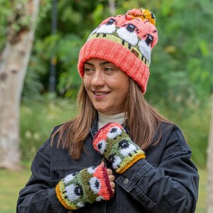 Sheep hat, Pink Hand Knitted Cuffed Beanie, Matching Sheep Handwarmers,Winter Headband, Handmade set, Cozy and Warm, Fleece Lined