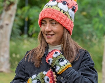 Sheep hat, Pink Hand Knitted Cuffed Beanie, Matching Sheep Handwarmers,Winter Headband, Handmade set, Cozy and Warm, Fleece Lined