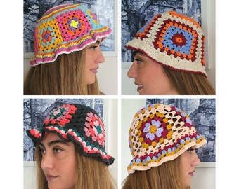 Cappello a secchiello estivo all'uncinetto / Cappello in cotone quadrato della nonna / Cappello a secchiello lavorato a maglia personalizzato / Cappello a secchiello trendy fatto a mano / Cappello da sole all'uncinetto / Cappello da Festival