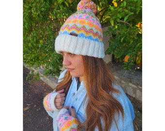 Colorful hand knitted striped winter hat, Beige and Pink Cuffed Bobble beanie, Hand made, Ski Hat, Fleece lined, Cosy & Warm, Multicolor
