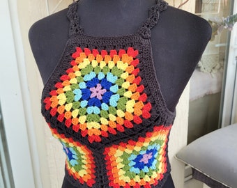 Pride Crop Top, Crochet Tank Top, Granny Square Halter Top, Rainbow Knit Summer Crop Top, Happy Pride Month Gift, Racerback Tank top