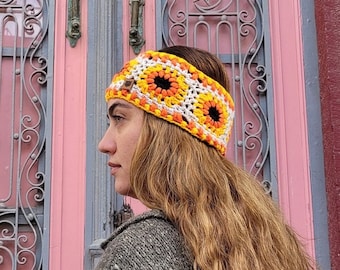 Granny Square  Crochet Ear Warmer| Sun Flower Design Winter Headband |  Woman's Head Wear Accessories | Vintage Granny Square |Warm Headband