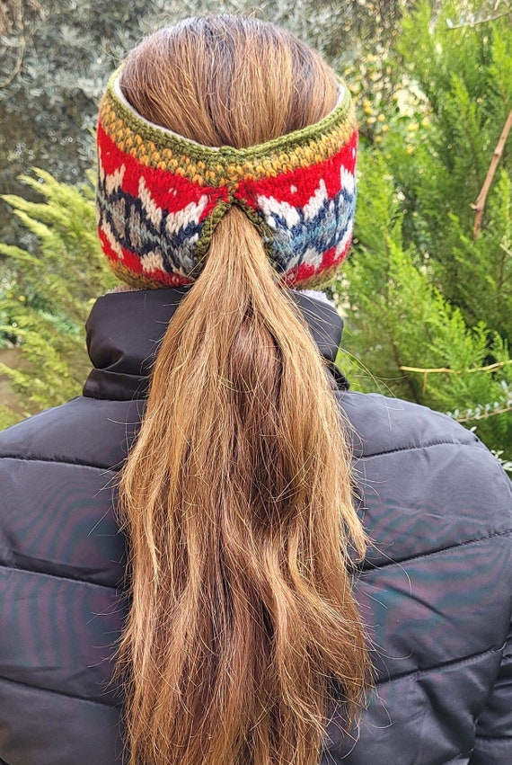 Bandeau pour femme tricoté à la main pour queue de cheval en jacquard,  Bandeau d'hiver, Cache-oreilles fait main, Cache-tête pour ski et neige,  Doublé en polaire, Finisterre -  France