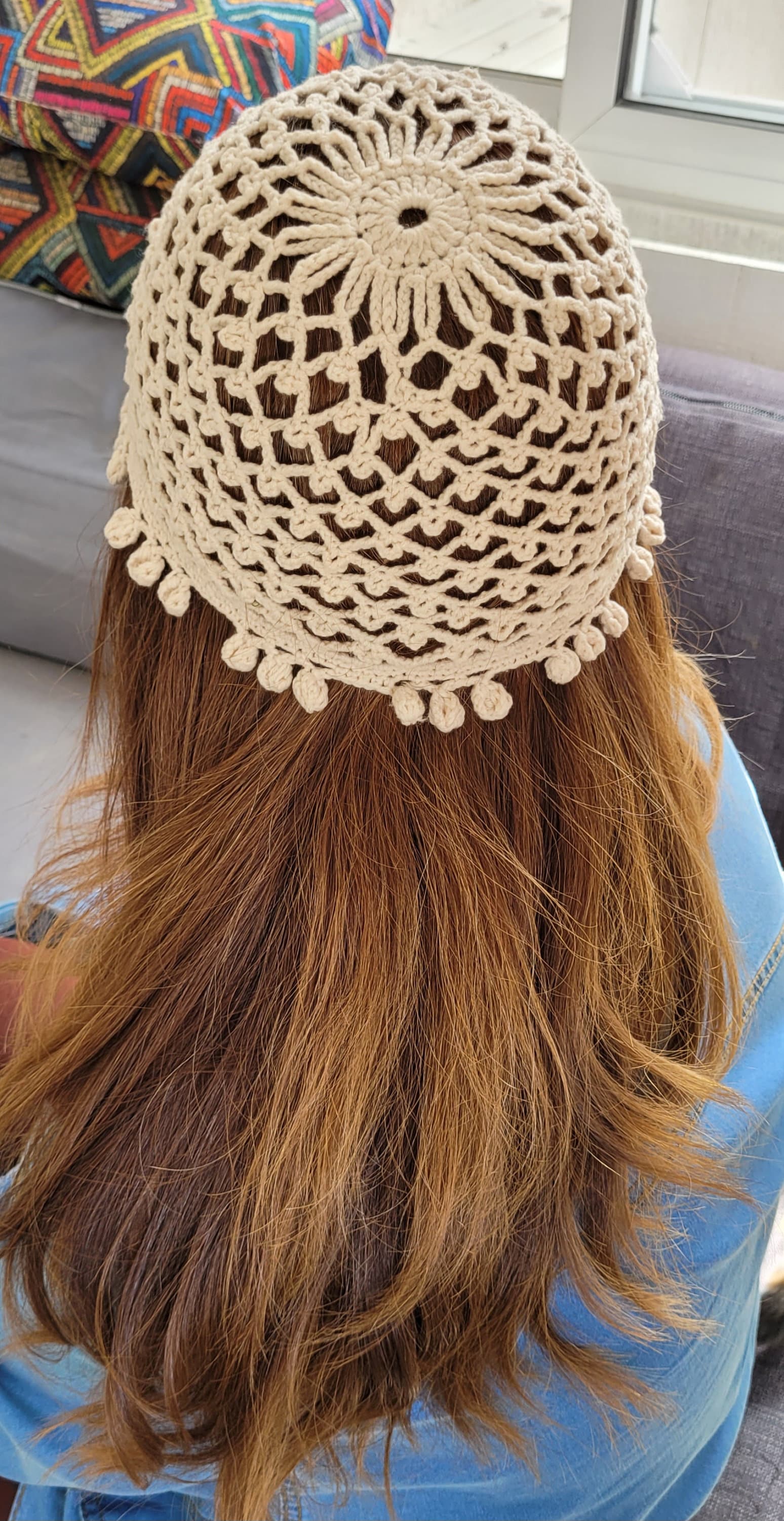 Vintage Cream Crochet Lace Hat Blooming Lace Skull Cap | 100% Cotton Handmade Crochet  main image 3