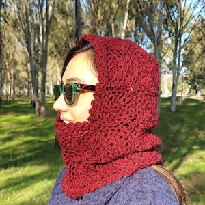 Dark Red Granny Square Balaclava| Crochet Hoodie Balaclava| Alpaca Wool Balaclava| Hand Knit Balaclava| Stylish Scarf Balaclava| Handmade