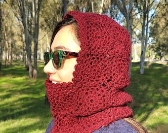 Ręcznie robiony ciemnoczerwony kwadratowy kominiarka babcina na szydełku: szalik z wełny alpaki