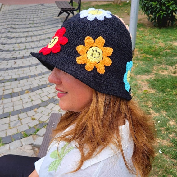 Black Crochet Bucket Hat: Embroidered Smiley Flower, Y2K Cotton