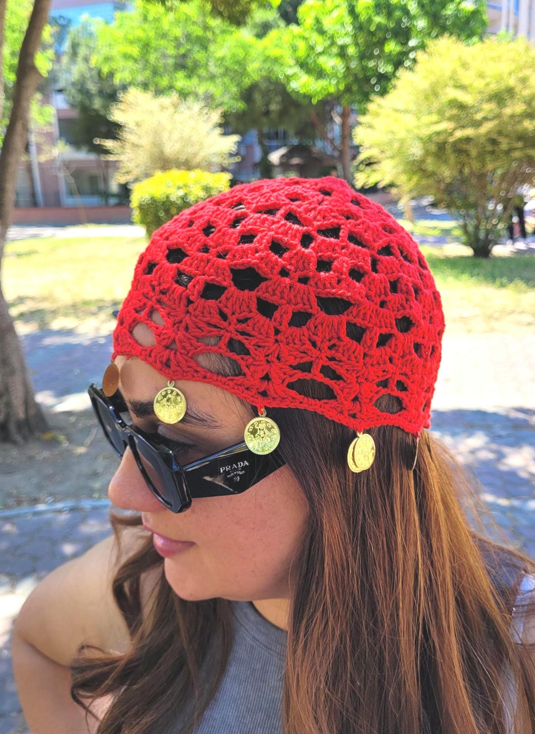 Handmade Red Crochet Beanie, Cotton Mesh Fishnet Hat, Summer Skull Cap ...