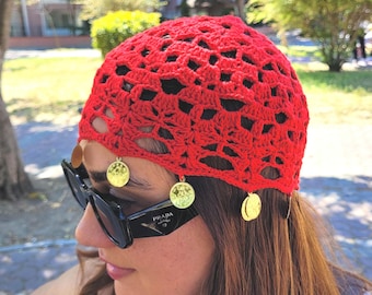 Ręcznie robiona na szydełku czerwona czapka, czapka z siateczki bawełnianej, letnia czapka z czaszką