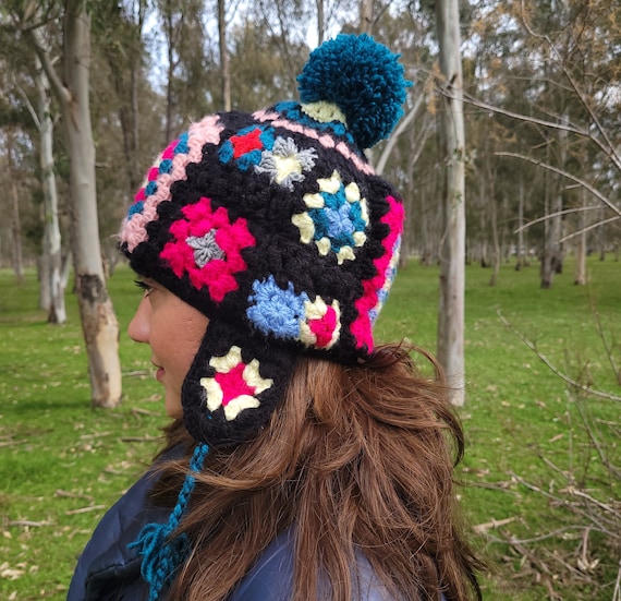 Granny Square Crochet Wool Trapper Hat, Fleece Lined Pom Pom 