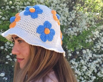 Beige crochet bucket hat, Knit bucket hat, Orange & Blue bloom flower, Summer accessories for women, Cotton, Handmade, Y2k, Retro