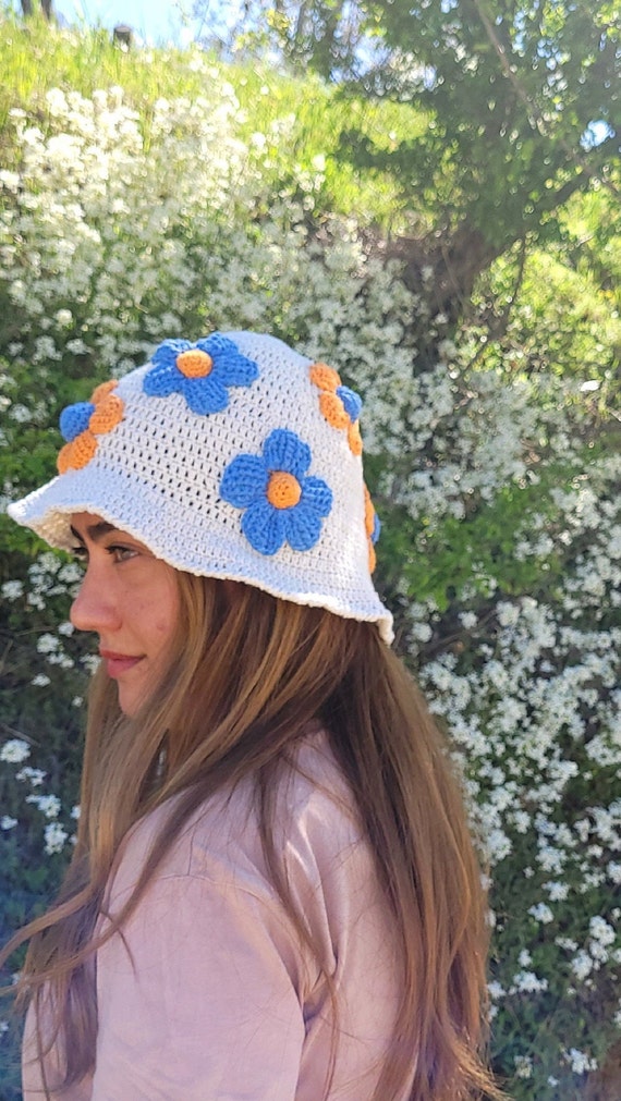 Beige Crochet Bucket Hat, Knit Bucket Hat, Orange & Blue Bloom Flower,  Summer Accessories for Women, Cotton, Handmade, Y2k, Retro -  Canada