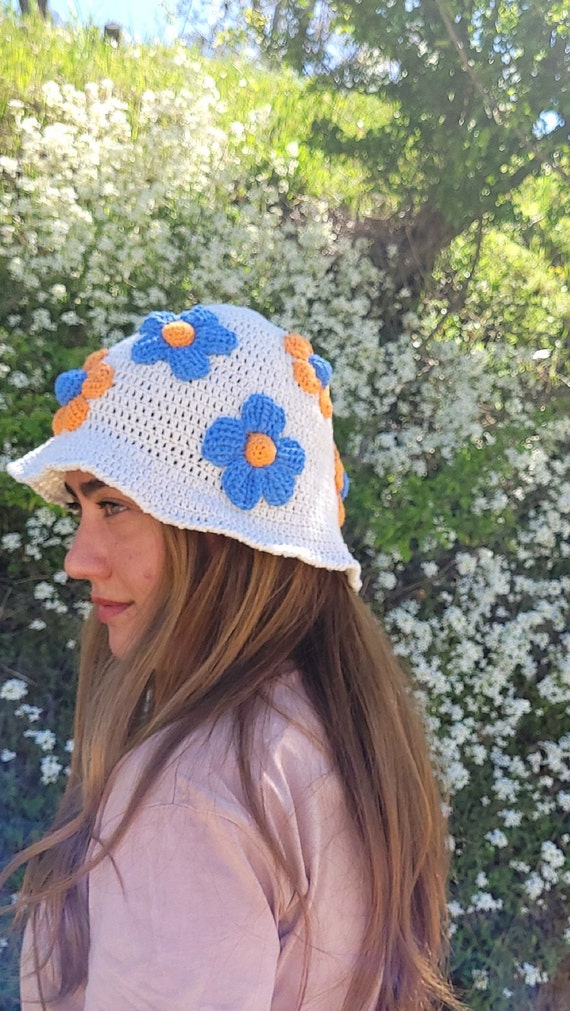 Beige Crochet Bucket Hat Knit Bucket Hat Orange Blue Bloom Flower Summer Accessories for Women Cotton Handmade Y2k Retro Etsy
