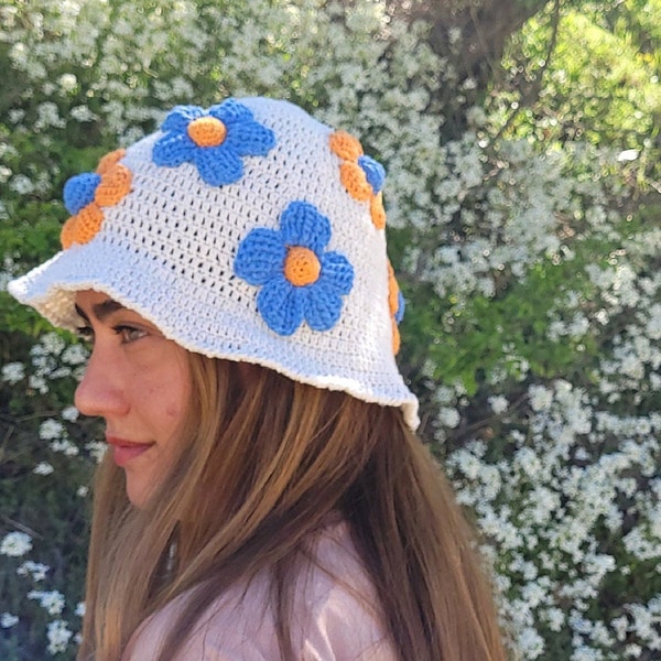 Beige crochet bucket hat, Knit bucket hat, Orange & Blue bloom flower, Summer accessories for women, Cotton, Handmade, Y2k, Retro