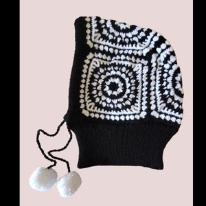 Hand knit Adult Bow Tie Bonnet  | Crochet Balaclava | Granny Square Hat | Flower Knit Hoodie | Handmade Winter Warm Hat | Pompoms