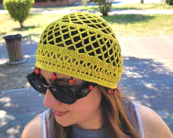 Beaded Black Crochet Hat, Cotton Mesh Knitted Hat, Skull Cap