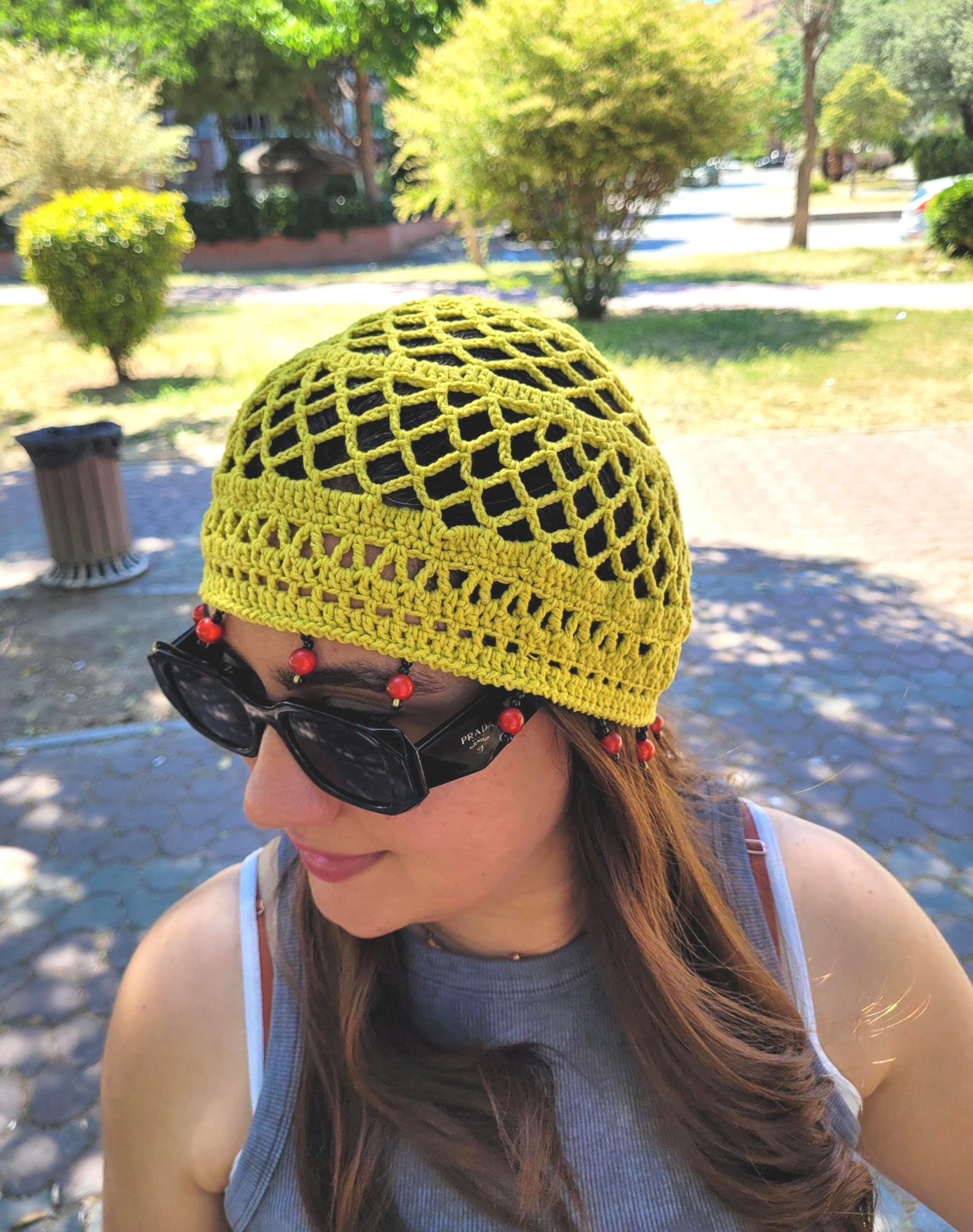 Beaded Black Crochet Hat, Cotton Mesh Knitted Hat, Skull Cap