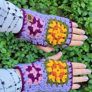 Crochet Granny Square Hat and Hand Warmer Set: Multicolor Flower Beanie Wrist warmers