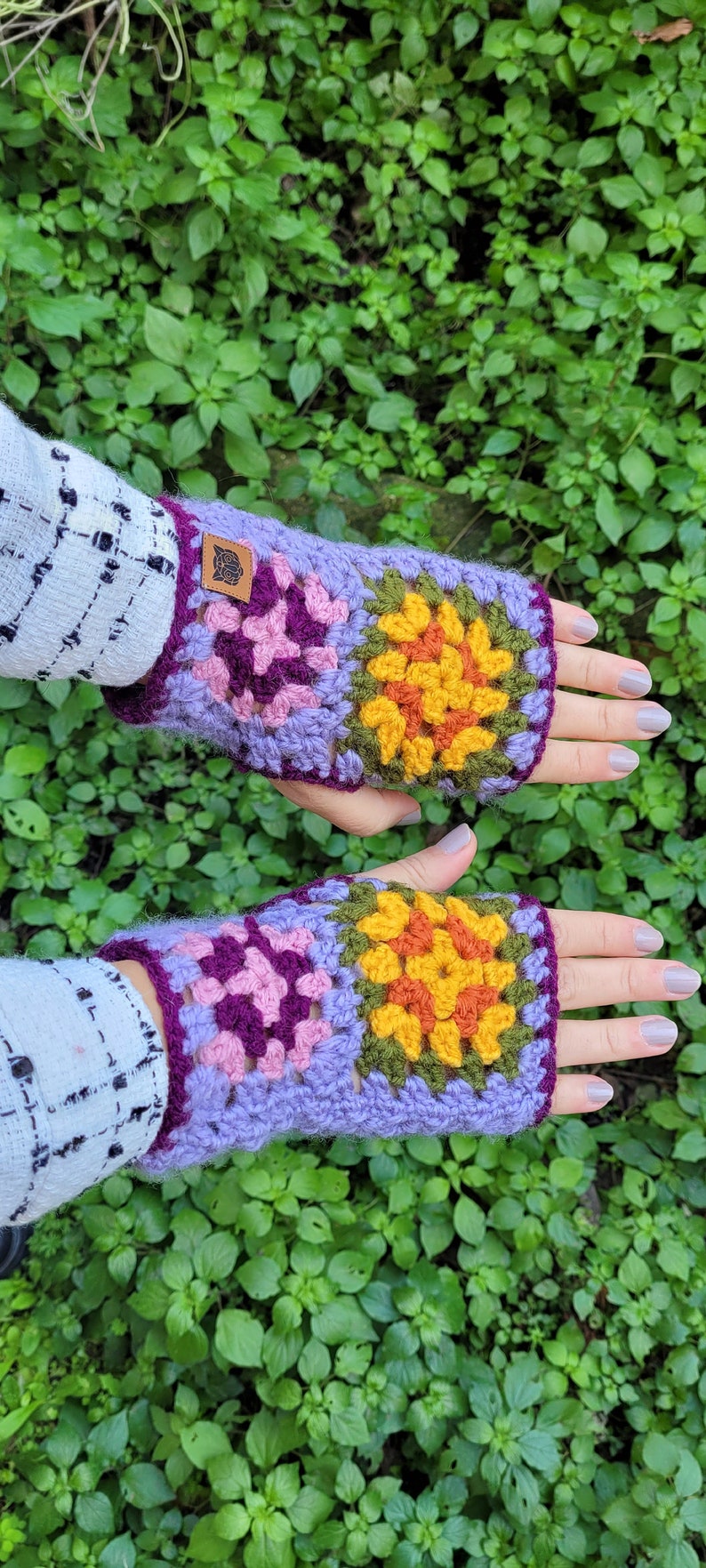 Crochet Granny Square Hat and Hand Warmer Set: Multicolor Flower Beanie Wrist warmers
