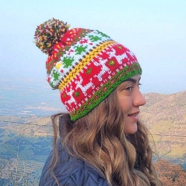 Hand Knitted Christmas Themed Winter Hat|Fair Isle Bobble Beanie|Fleece Wool Beanie|Handmade Ski Snow Hat|Cosy Warm Hat|Finisterre Santa Hat