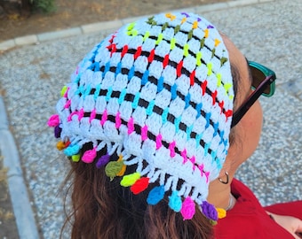 Tęczowa chusta szydełkowa: bawełniana chusta Cottagecore do włosów