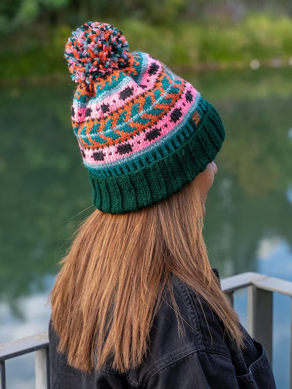 Hand Knit Wool Beanie: Colorful Striped Winter Hat, Fleece  display picture 2