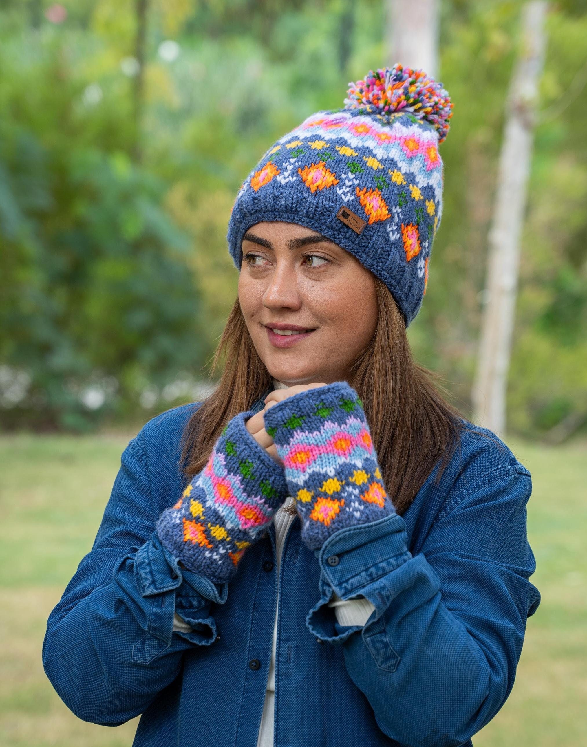 Hand Knitted Fair Isle Beanie and Fingerless Gloves Set, Winter