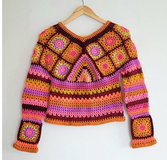 Woman's Granny Square Crochet Sweater Long Sleeve Boho | Etsy