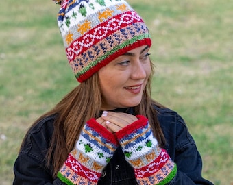 Ręcznie robiona na drutach czapka Fair Isle: wełniana czapka narciarska z podszewką z polaru