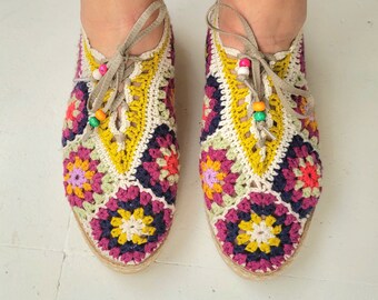 Women's Crochet Lace up Espadrilles, Colorful Granny Square Flat Summer Shoes, Boho Shoes, Casual Custom Shoes, Handmade, Ecofriendly