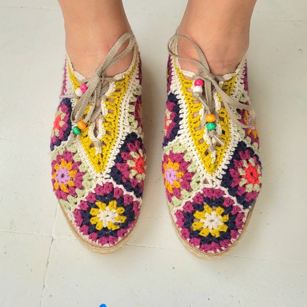 Women's Crochet Lace up Espadrilles, Colorful Granny Square Flat Summer Shoes, Boho Shoes, Casual Custom Shoes, Handmade, Ecofriendly