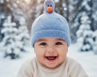 Czapeczka dla niemowląt z motywem kaczki, ręcznie robiona na drutach – zimowa czapka z miękkiej wełny moherowej dla noworodków