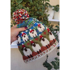 Christmas Sheep Hat | Hand Knit Alpaca Wool Bobble Beanie | Pom Pom Beanie | Cozy Warm Beanie Hat | Hand Made