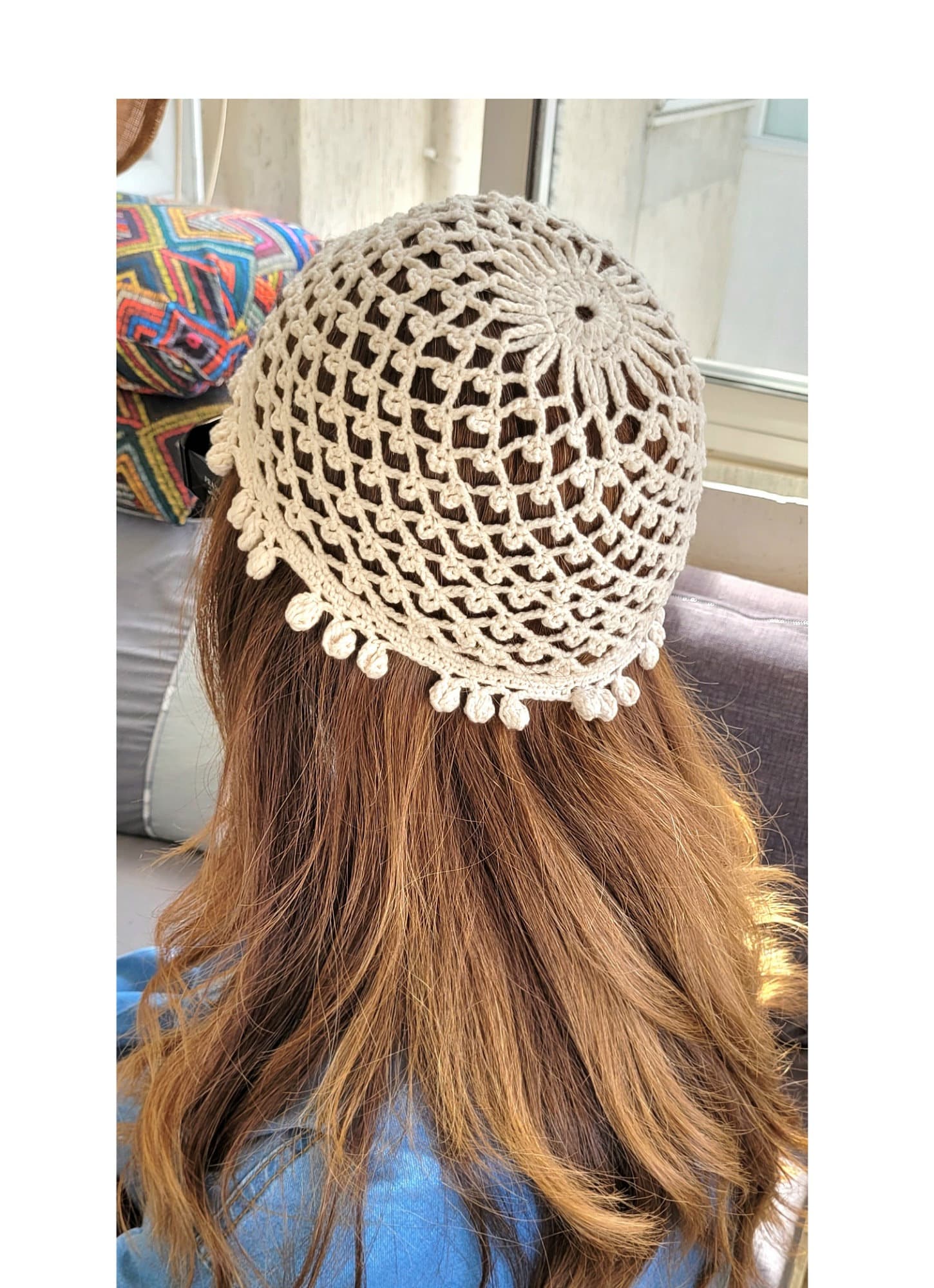Handmade Crochet Cotton Mesh Hat, Ivory Lace Beanie, Retro 