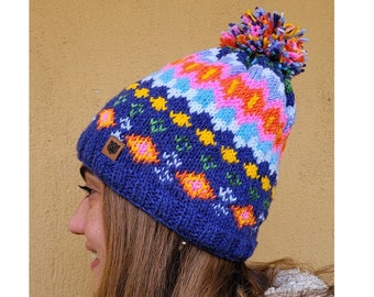 Ladies hand knitted colorful winter hat, Fleece beanie, Fair isle bobble beanie, Wool Beanie, Ski Snow Hat, Cosy and Warm, Finisterre