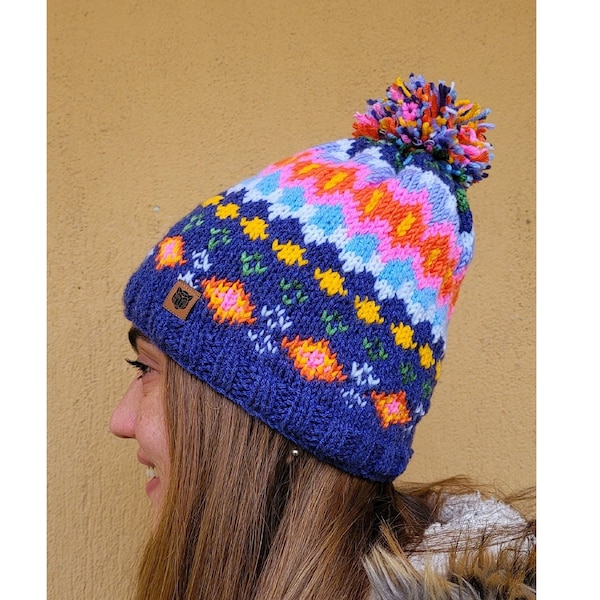 Ladies hand knitted colorful winter hat, Fleece beanie, Fair isle bobble beanie, Wool Beanie, Ski Snow Hat, Cosy and Warm, Finisterre