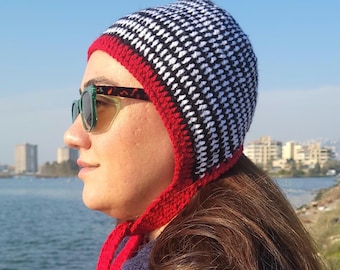 Ręcznie robiony na drutach prążkowany czepek: szydełkowana zimowa czapka kominiarka