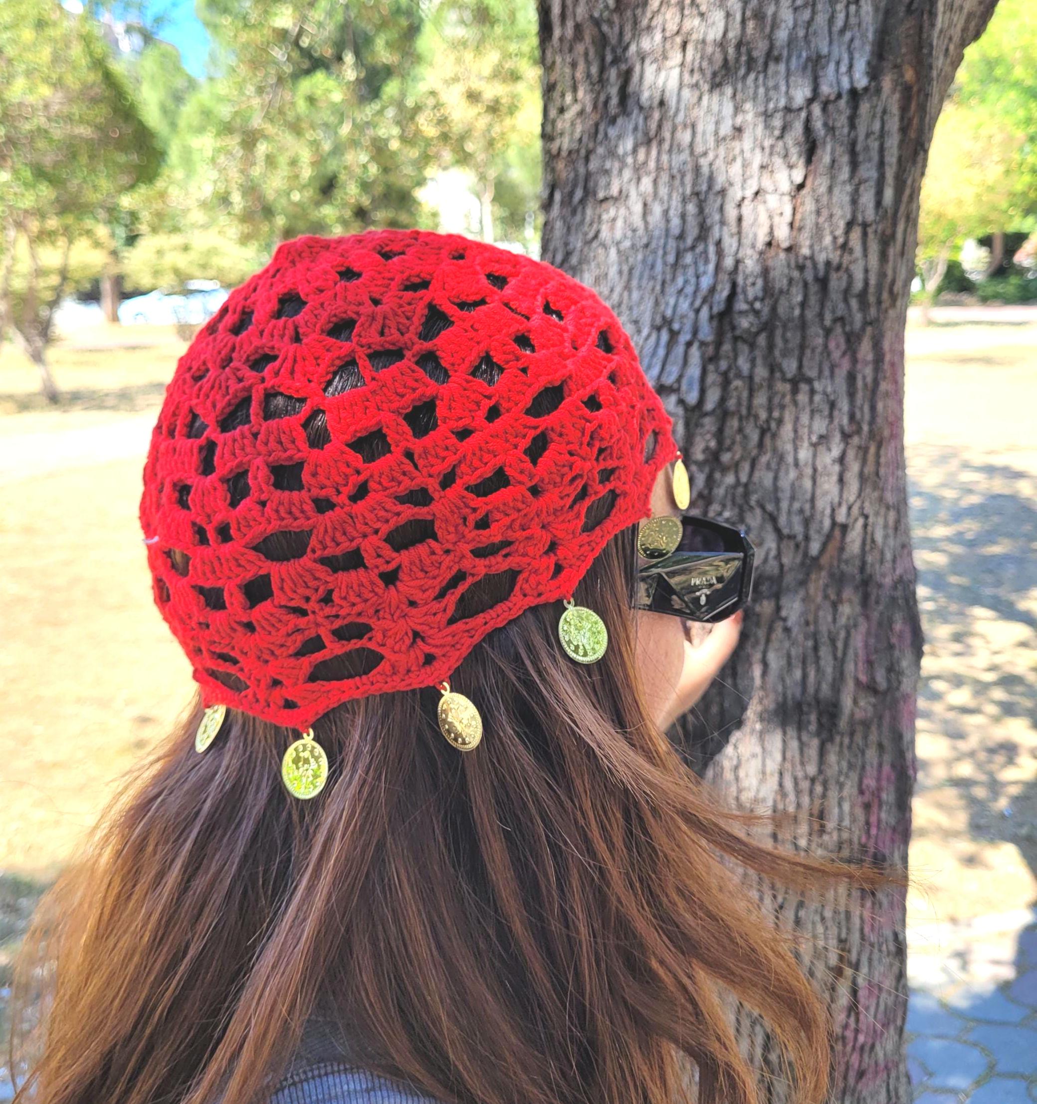 Handmade Red Crochet Beanie, Cotton Mesh Fishnet Hat, Summer  display picture 1