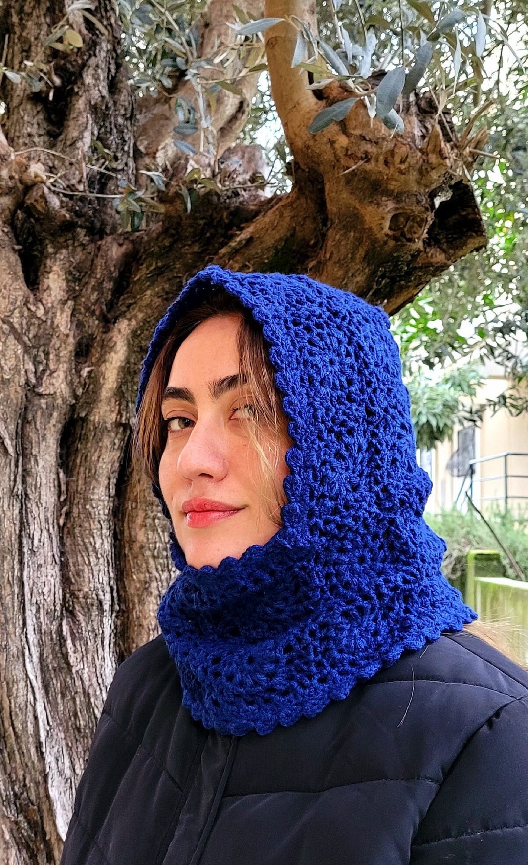 Navy Blue Crochet Balaclava: Wool Granny Square Flower Hood - Etsy