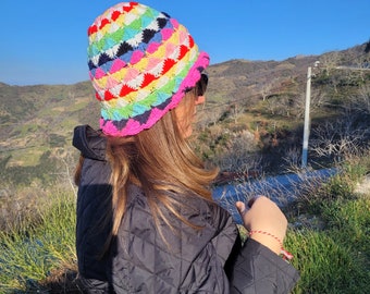 Handmade Crochet Granny Square Bucket Hat: Cotton Festival Sun Hat