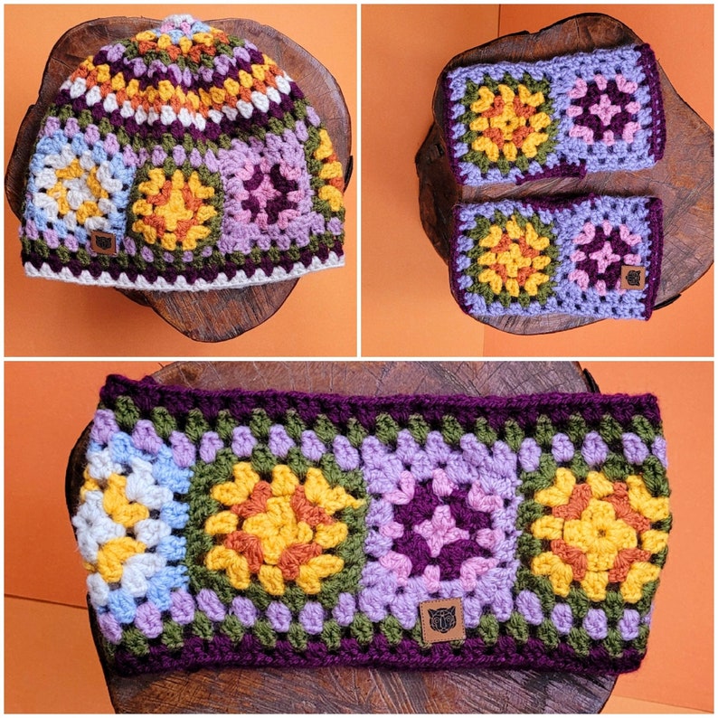 Crochet Granny Square Hat and Hand Warmer Set: Multicolor Flower Beanie image 4