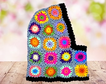 Gray Multicolor Granny Square Crochet Balaclava | Flower