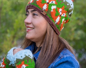 Hand knit fox and forest themed hat | Handmade bobble beanie | Handwarmers | Winter headband | Matching set | Animal winter hat | Pom Pom