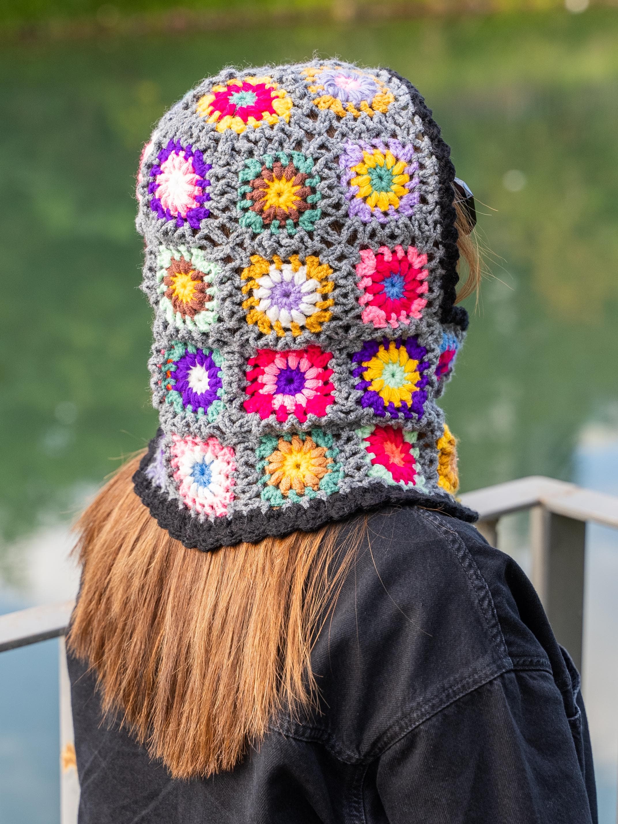 Gray Multicolor Granny Square Crochet Balaclava | Flower