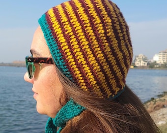 Ręcznie robiona na drutach kominiarka w paski, szydełkowa: unisexowa zimowa czapka