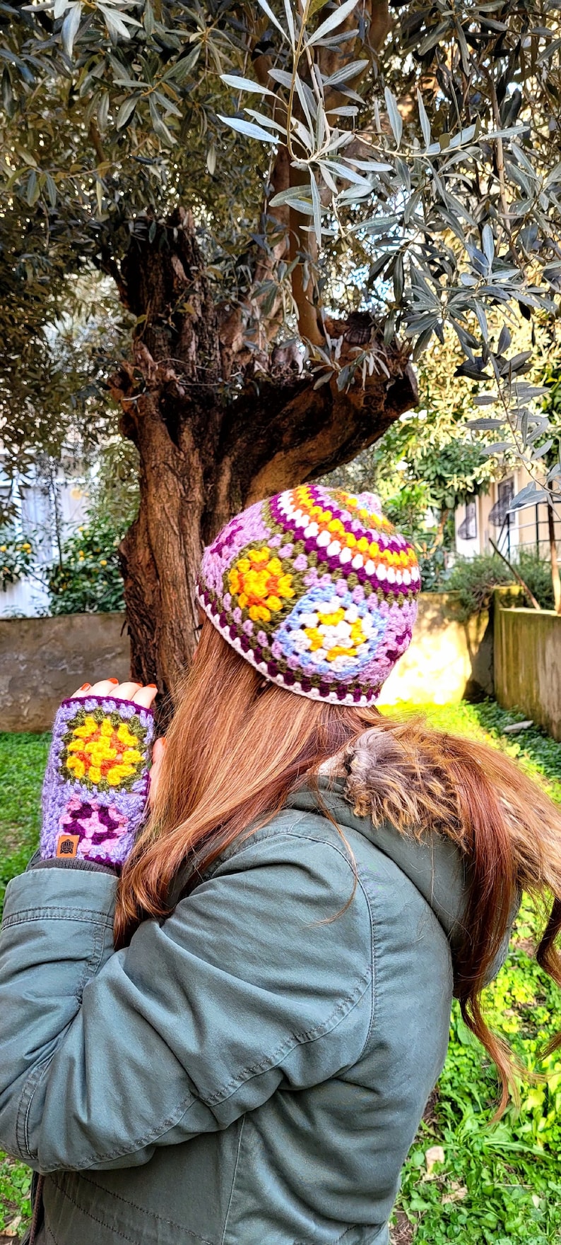 Crochet Granny Square Hat and Hand Warmer Set: Multicolor Flower Beanie image 2
