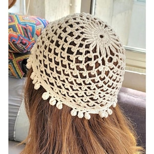 Crochet Premium Cotton Mesh Knitted Hat in Ivory, Skull hat, Retro hat, Crochet hat, Summer Hat, Crochet Lace Beanie, Handmade Gift