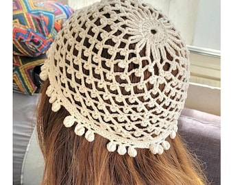Crochet Premium Cotton Mesh Knitted Hat in Ivory, Skull hat, Retro hat, Crochet hat, Summer Hat, Crochet Lace Beanie, Handmade Gift