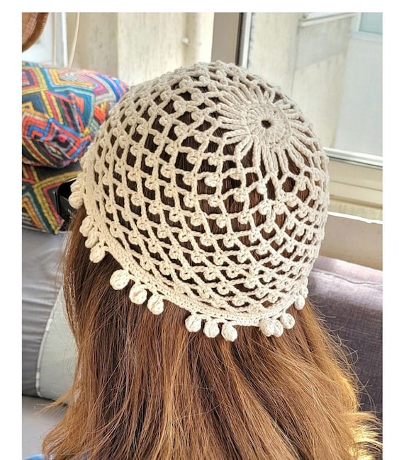Crochet Premium Cotton Mesh Knitted Hat in Ivory, Skull Hat, Retro  