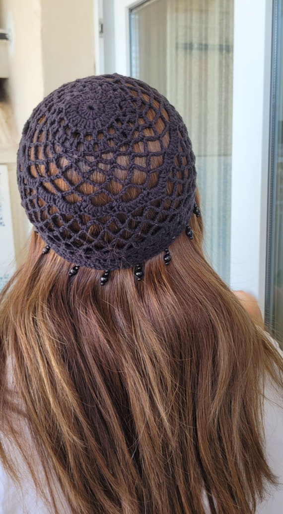 Beaded Black Crochet Hat, Cotton Mesh Knitted Hat, Skull Cap